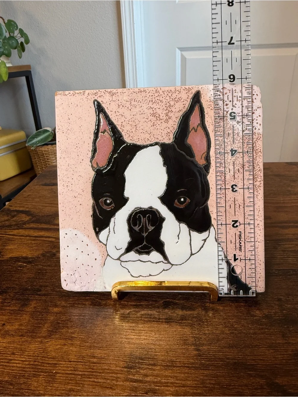 Vintage pumpkin, Inc Boston terrier, hand-painted tile